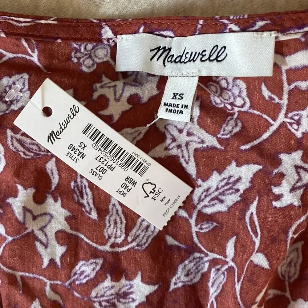 NWT Madewell Floral Wrap Top XS Rust Floral Puff Sleeve Tie Waist Blouse